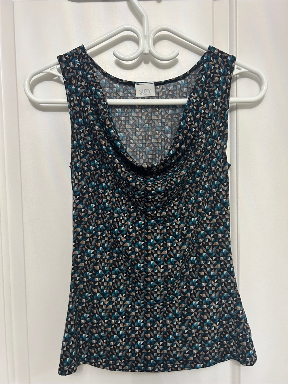 Suzy Scoop Neck Geometric Print Tank Top - Black & Teal